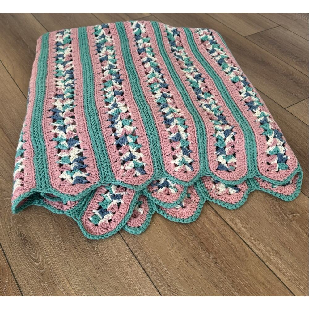Vintage Handmade Crochet Blanket Afghan Pink Teal Scalloped Cottagecore Throw